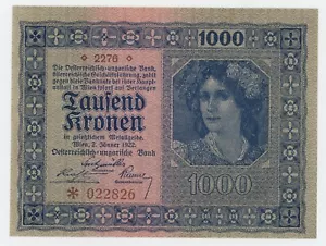 Austria 1000 Kronen 1922 Pick 78 UNC Uncirculated Banknote - Picture 1 of 1