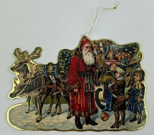 Christmas Reproductions Victorian Die Cut Ornament Father Time Sleigh Reindeer - Picture 1 of 10