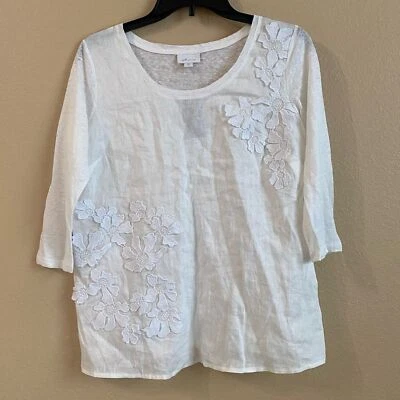 J Jill Love 亚麻全新尺寸 PXS 白色花卉贴花上衣 3/4 袖小缺陷 — 第 1/4 张图片
