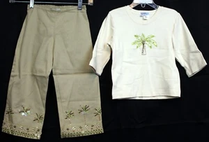 Haven Girl 2pc Outfit Shirt Pants Beaded sz 6 Palm Tree Khaki Island Safari - Picture 1 of 10
