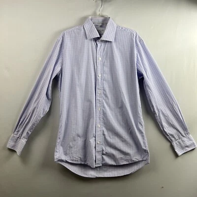 Ledbury Button Up Shirt Mens Slim Fit Sz L 16.5 Blue Purple Plaid 100% Cotton - Image 1 of 4