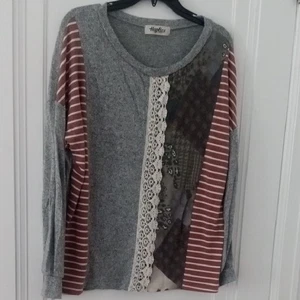 Gray and Red Striped Patchwork Top medium long sleeve - Picture 1 of 2