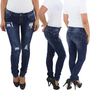 Pantalones de cadera para mujer Pantalones ajustados Vaqueros de cadera Vaqueros de tubo Slim Fit Jeans con grietas Azul - Imagen 1 de 8