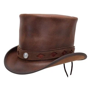 Para hombre Top Sombrero Topper Topper Diamante Incrustación Cuero Marrón Steampunk Gótico Motociclista Sombrero - Imagen 1 de 4
