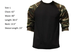 New 3/4 Sleeve Raglan Baseball Mens Army Sports T-Shirt Black Green Camo L - Picture 1 of 2