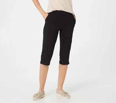 Denim & Co. Capri cargo Active French Terry con botón - pequeño para mujer - negro Foto 1 de 2