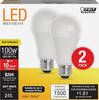 Feit Electric A19 LED Light Bulbs, 100W Equivalent, Non Dimmable, 1600 Lumens, E - Image 1 of 4