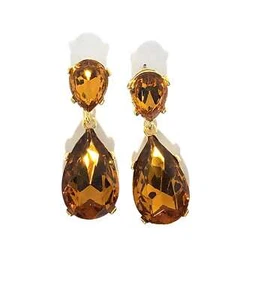 KENNETH JAY LANE, TOPAZ CRYSTAL DOUBLE DROP GOLD EARRING-PIERCED - Picture 1 of 10