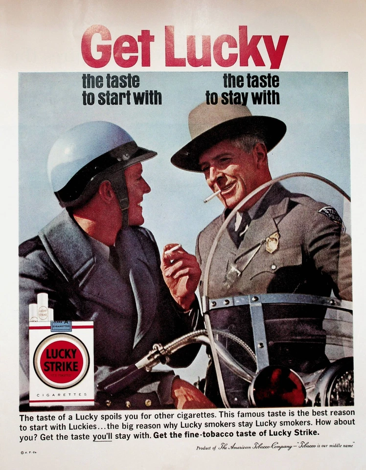 1963 Lucky Strike Cigarettes Policía Estatal Motocicleta Oficial - Anuncio impreso vintage Foto 1 de 1