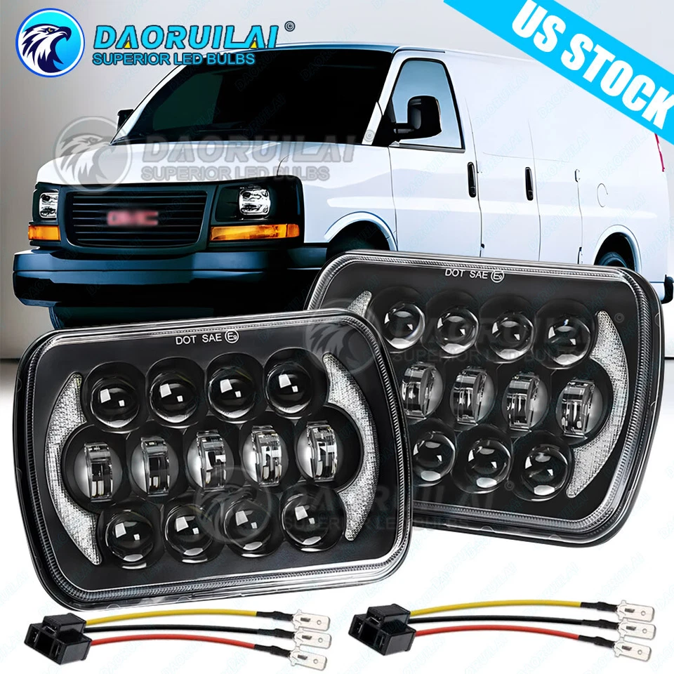 Fit 1996-2018 GMC Savana 1500 2500 3500 7x6" Inch LED Headlight Hi/Lo Halo DRL - Image 1 of 4