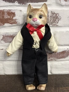 RARE VTG Cat Doll Ceramic Head and Paws in Overalls Bow Tie Soft Body Figure - Picture 1 of 13