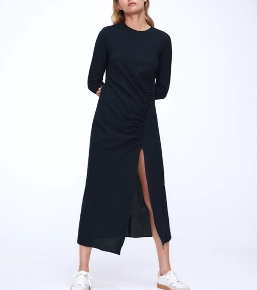 Nuevo Vestido Midi Acanalado Mezcla Lana Zara Talla XL Azul Marino Tejido Elástico Nuevo con Etiquetas $119 Foto 1 de 4