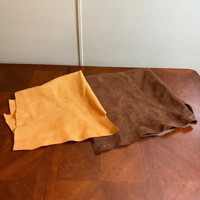 Lot 2 Leather Hides Craft Pieces Suede Brown & Pebble Grain Beige Scrap - Image 1 of 4