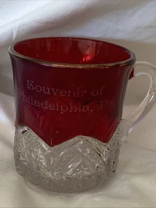 ANTIQUE EAPG RUBY STAINED FLASHED HEART BAND MUG   PHILADELPHIA PA - Picture 1 of 8