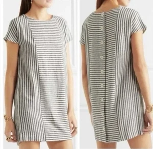 Madewell Stripe Play Button Back Dress Sz S Grey White Linen Blend Pockets Beach - Picture 1 of 10
