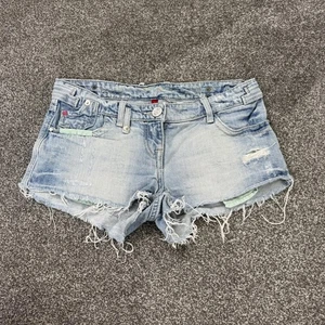Y2K vintage low rise denim mini short fraying hem light blue faded distressed - Picture 1 of 7