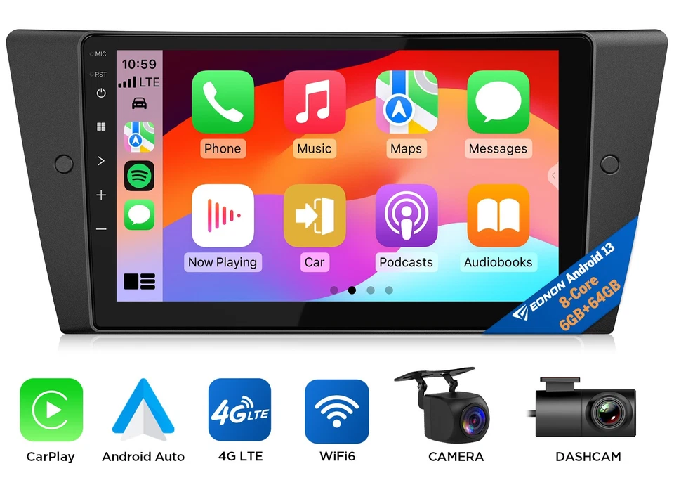 OBD Cam Android Auto 10 Stereo DVD Unit WiFi GPS SAT NAV for BMW E90 E91 E92 E93