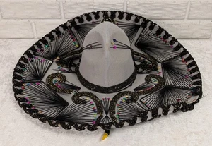 Vintage 22" Fregalia Mexican Charro Sombrero Gray Felt Black Gold Embroidery - Picture 1 of 12