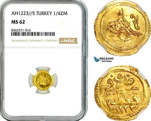 AK753, Ottoman Empire, Turkey, Mehmed II, 1/4 Zeri Mahbub AH1223 // 5, NGC MS62 - Picture 1 of 1