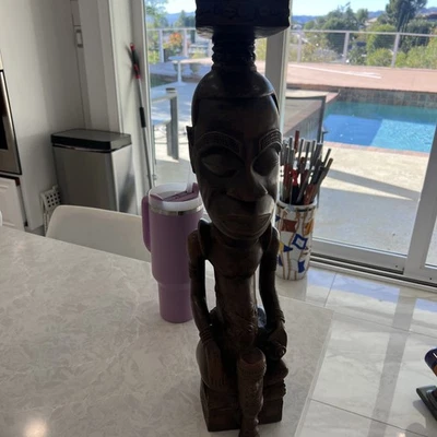 22” TALL SOLID WOOD  BLOLO AFRICAN MAN DRUMMER SITTING RELAXED ART TRIBAL - Image 1 of 4