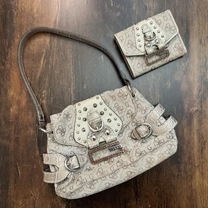 RARE Vintage Y2K Guess Denim/ Snakeskin Shoulder Bag Logo Monogram W/ Wallet - Picture 1 of 13