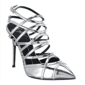 GIUSEPPE ZANOTTI Metallic Cage Point Toe Stiletto Sz 38.5 Silver Italy - Picture 1 of 11