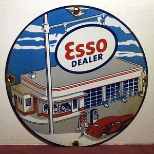 VINTAGE ESSO HÄNDLER GAS ÖLPUMPE TELLER 10" PORZELLAN WERBESCHILD - Bild 1 von 6