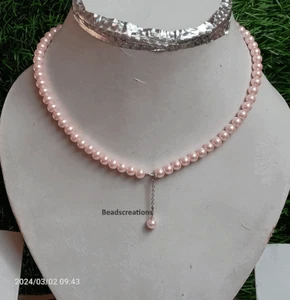 Smooth Pink Pearl Beads Chain Necklace Beaded Pearl Jewelry Gift for Her - Picture 1 of 4