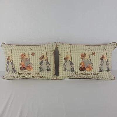 Thanksgiving Embroidered Pillows Pair Gnome Pumpkin Beaded Cottage Core EVC - Image 1 of 4