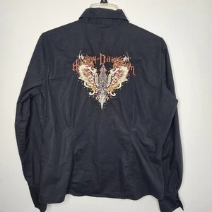 Harley-Davidson Women Long Sleeve Button Up Shirt Black Logo Size L Embroidered - Picture 1 of 7