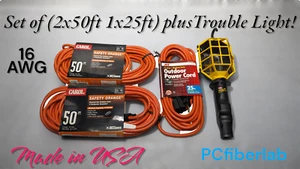 SET OF 16AWG Orange Extension-Power Cords (2x 50Ft, 1x25Ft and Trouble Light) - Picture 1 of 12