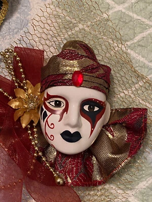 Hand Painted Red,  Black And Gold Venetian Style Hanging Mask. - LR - Image 1 of 3