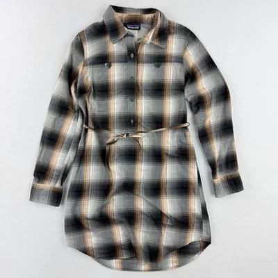 Patagonia Featherstone Plaid Shirt Dress Sz 6 Women Forge Grey Brown Belt 58945 - Image 1 of 4