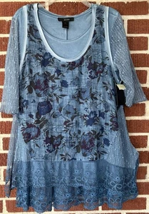 Conjunto Blusa Ali Miles 2 Piezas Azul Floral Mangas Malla Borde Transparente Talla L Nuevo con Etiquetas - Imagen 1 de 5
