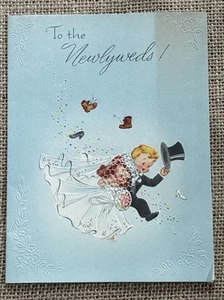 Tarjeta de recién casados usada de colección de los años 50 niño novia y novio boda diario basura - Imagen 1 de 5