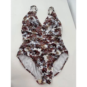 Traje de baño para mujer blanco rojo estampado tropical de una pieza lado acanalado talla 12 V Nevk - Imagen 1 de 8