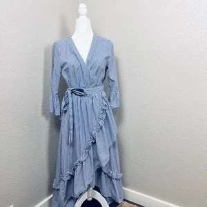 Who What Wear Womens Size Medium Cotton Preppy Striped Ruffle Wrap Dress Coastal - Picture 1 of 9