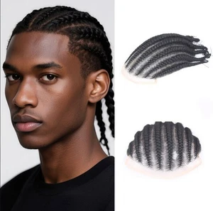 6" Full Lace Black Short Braids Hair Cornorw Braids Toupee for men Wig Topper - Picture 1 of 18