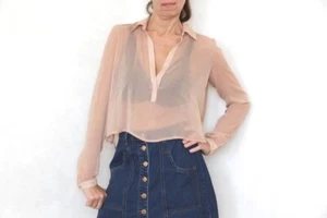 Vintage nude sheer blouse, Transparent beige shirt, See through 90s crop top S - Picture 1 of 14