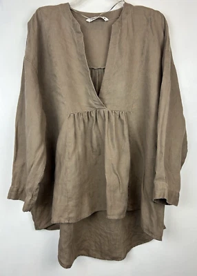 Zara Tunic Top Womens S Linen Lagenlook Oversized Brown 3/4 Sleeve Babydoll High - Image 1 of 4