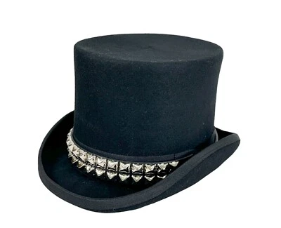 Goth Top Hat Studded Leather Hat Band Vintage Wool Victorian Mad Hatter Top Hat - Image 1 of 4