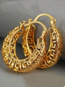 CHUNKY CREOLE HOOPS textured metal GOLD TONE half moon HOOP EARRINGS Greek Key - Picture 1 of 5