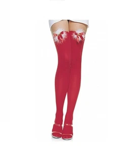 Christmas Red Opaque Thigh Highs w/ Satin Bow and Bells Santa Leg Avenue - Picture 1 of 1