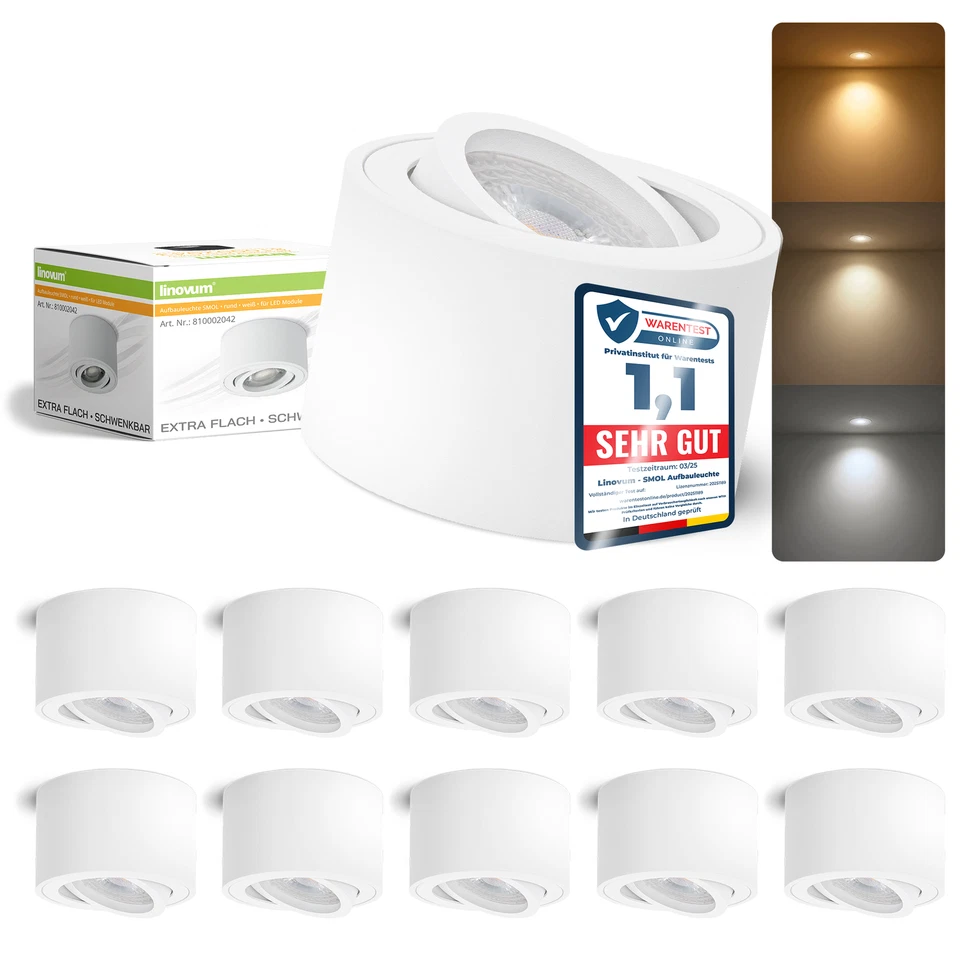 LINOVUM 10er Set SMOL Aufbauspot flach schwenkbar weiß inkl. LED Modul warm/neutral/kalt