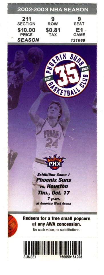 2002 PHOENIX SUNS vs 休斯顿火箭队门票 YAO MING 首次亮相前新秀年 — 第 1/1 张图片