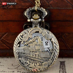 Retro Hollow Train Engine Mens Pocket Watch Gift Quartz Bronze Necklace Pendant - Picture 1 of 6