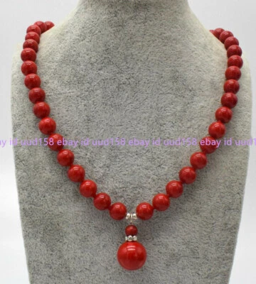 Natural 10mm South Sea Red Coral Round Gemstone Beads Pendant Necklace 18'' AAA - Image 1 of 4