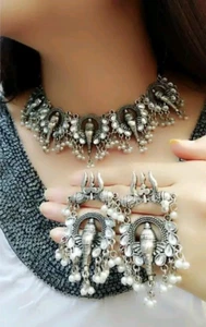 Collar indio Bollywood plata oxidada gargantilla boho joyería de moda para mujer - Imagen 1 de 3