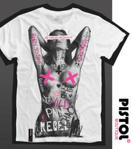 Pistol Boutique Men's Fitted White Crew Neck TATTOO GRAFFITI NAKED GIRL T-shirt - Picture 1 of 13