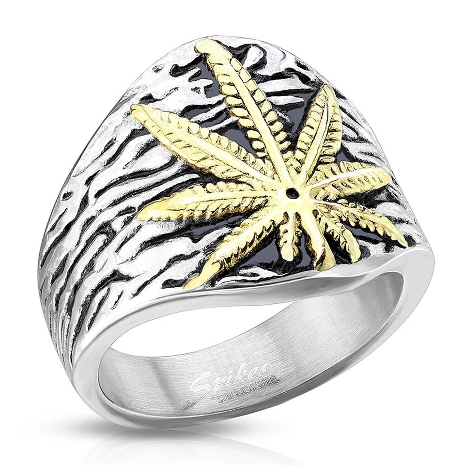 Stainless Steel Men's Gold Plated Cannabis Weed Pot Marijuana Biker Ring - Image 1 of 1
